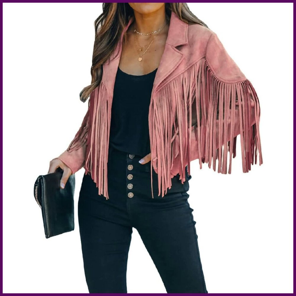 Faux Leather Cropped Moto Jacket with Fringe Tassels